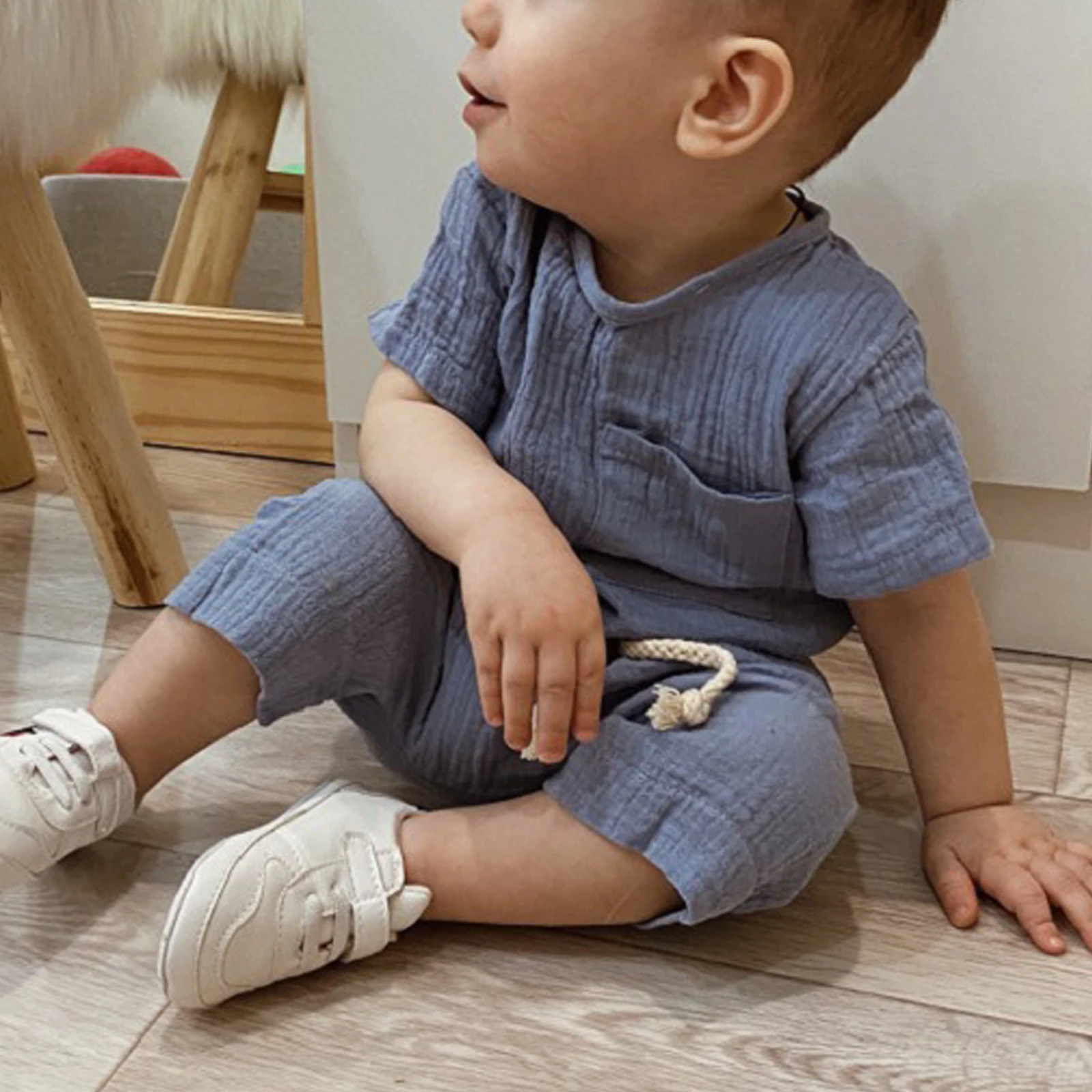 Baby Boys Girls Casual Cotton Clothes Set Short Sleeve Round Neckline Top with Elastic Waistband Drawstring Waist Shorts