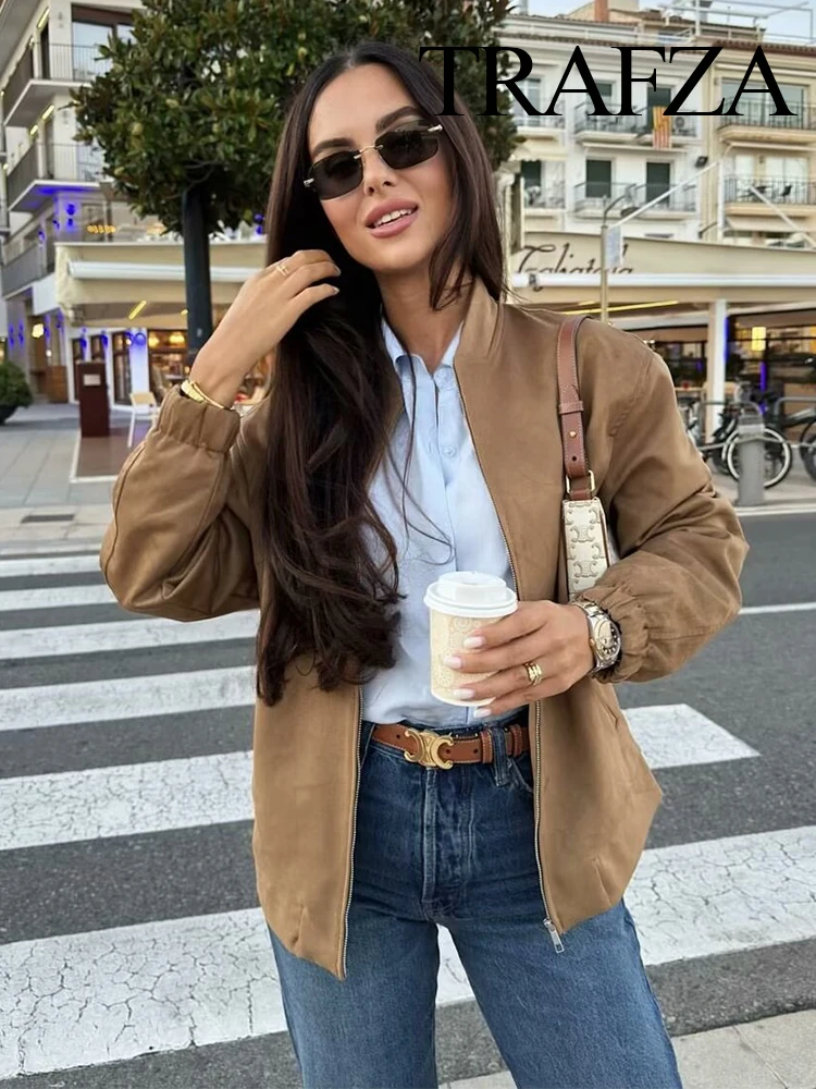 TRAFZA женская модная универсальная замшевая текстурированная куртка-бомбер
