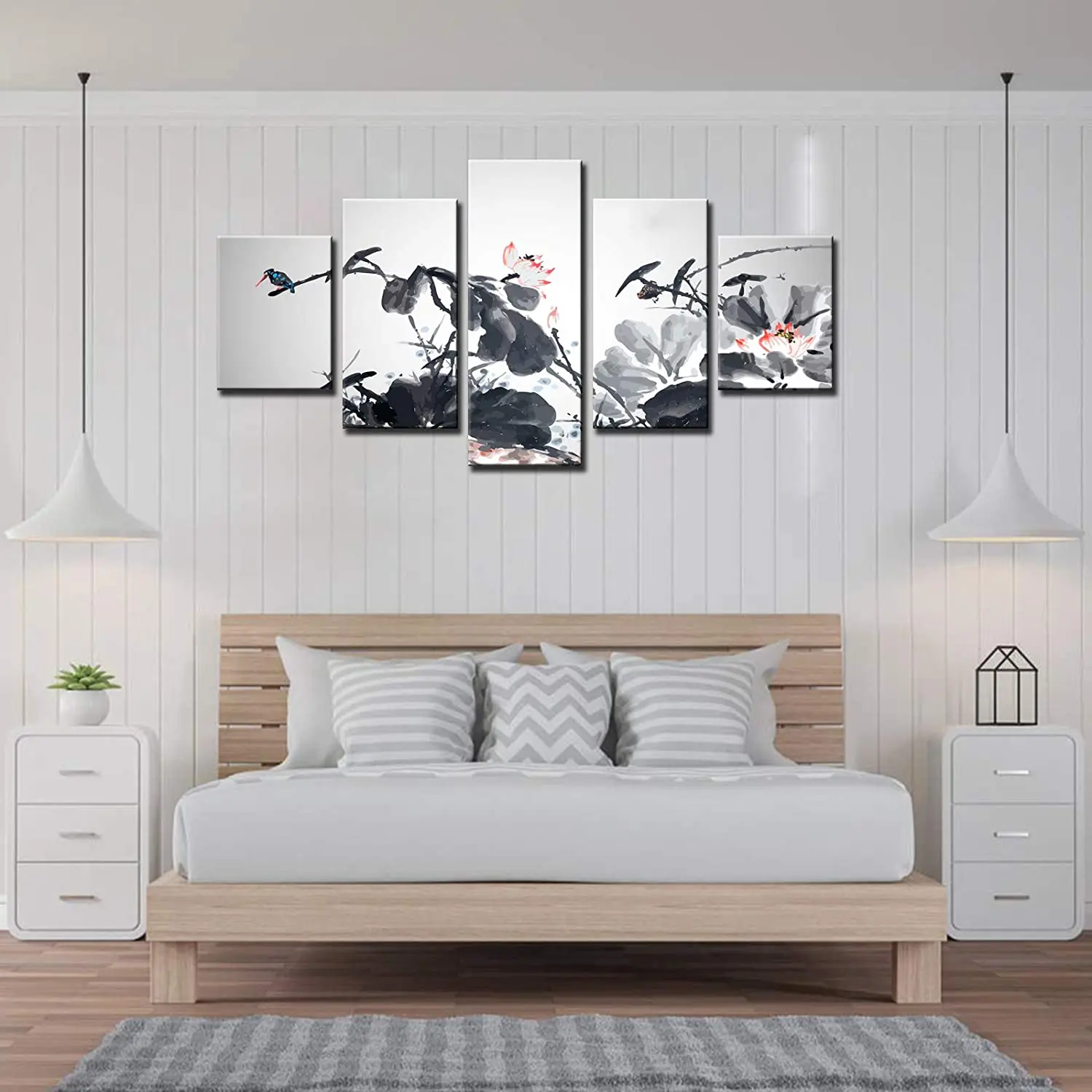 5-панельное семейное чёрно-белое лотосное пейзажное картины китайского стиля холст плакаты декор дома без рамки комната на.