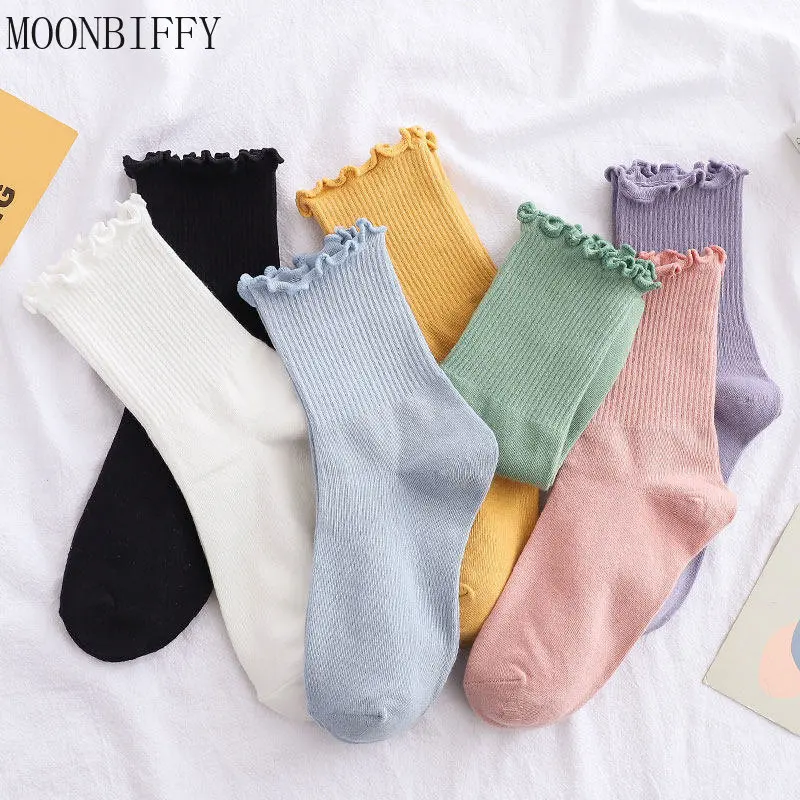 

Ruffle Socks Women White Black Lolita Style Japanese Maiden Cute Kawaii Cotton Harajuku Princess Crew Socks Calcetines