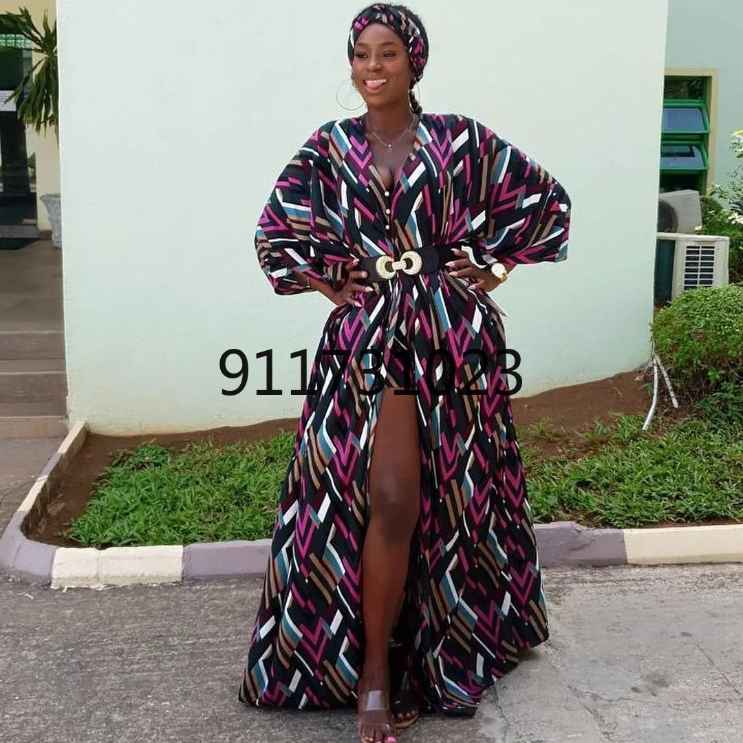 

2021 New African Design Bazin Chiffon Long Sleeve Dashiki Dress For Lady
