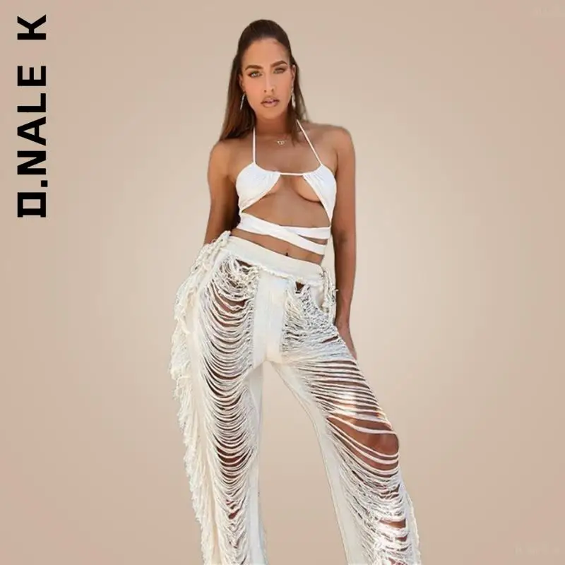 

D.Nale K Y2K Solid High-Waist Bottoms Knitted Straight Pants for Women Hipster Tassel Hollow OutStreetwear Trousers