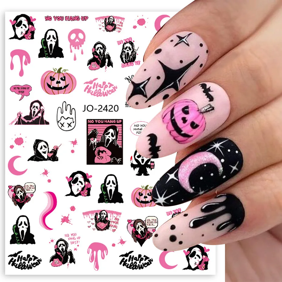 

Halloween Nail Art Sticker 3D Laser Silver Bronzing Self-adhesive Cartoon Pink Witch Black Cat Cute Decals Slider DIY Manicure