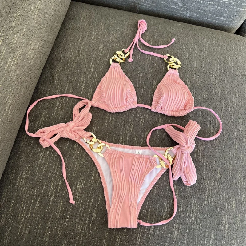 

2023 New Split Swimsuit Chain Bikini Sexy Thongs for Women Underwear Set Clothing for Beach Female Hot Pink Solid Color Swimwear