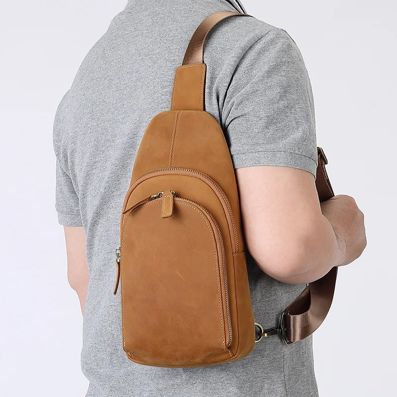 Men's Small Sling Messenger Bags Crazy Horse Leather Chest Bags Genuine Leather Shoulder Crossbody Bag Vintage Cowhide Backpack