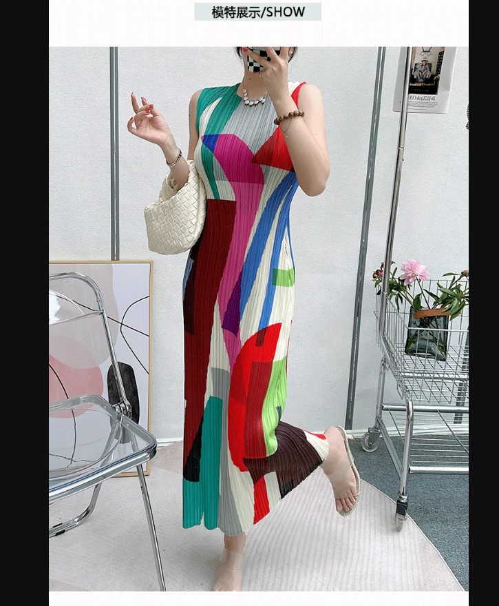 HOT SELLING Miyake Fashionable Geometry print sleeveless o-neck long dresses  IN STOCK