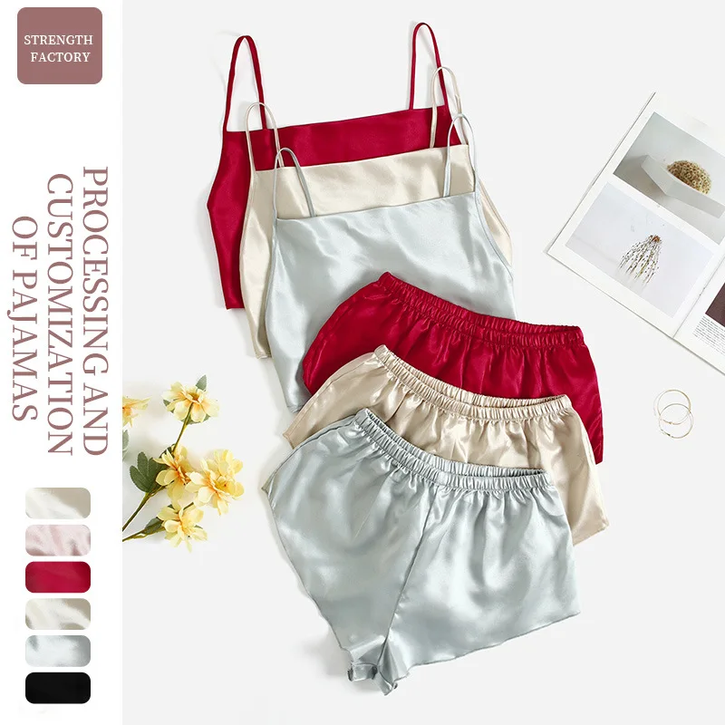 

European and American Style Fun Lingerie Sexy Women's Suspender Belly Pocket Shorts Set Home Clothing Ice Silk Pajamas