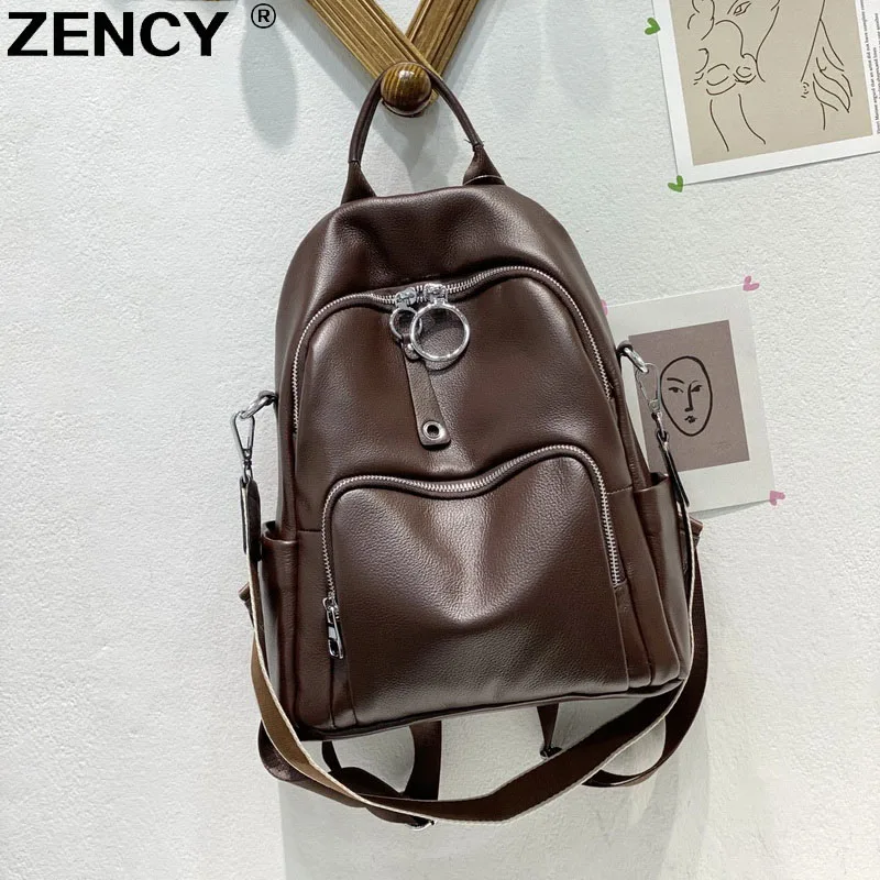 

ZENCY 2022 NEW HOT 100% Genuine Leather Calfskin Women's Backpacks Top Layer Cowhide Large Capacity School Book Backpack Bags