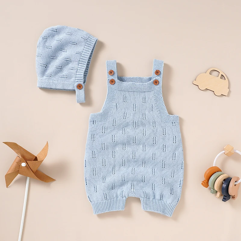 

Baby Rompers Hats Clothes Sets Casual Solid Sleeveless Newborn Cotton Knitting Jumpsuits Outfits Toddler Infant Boy Girl Outwear