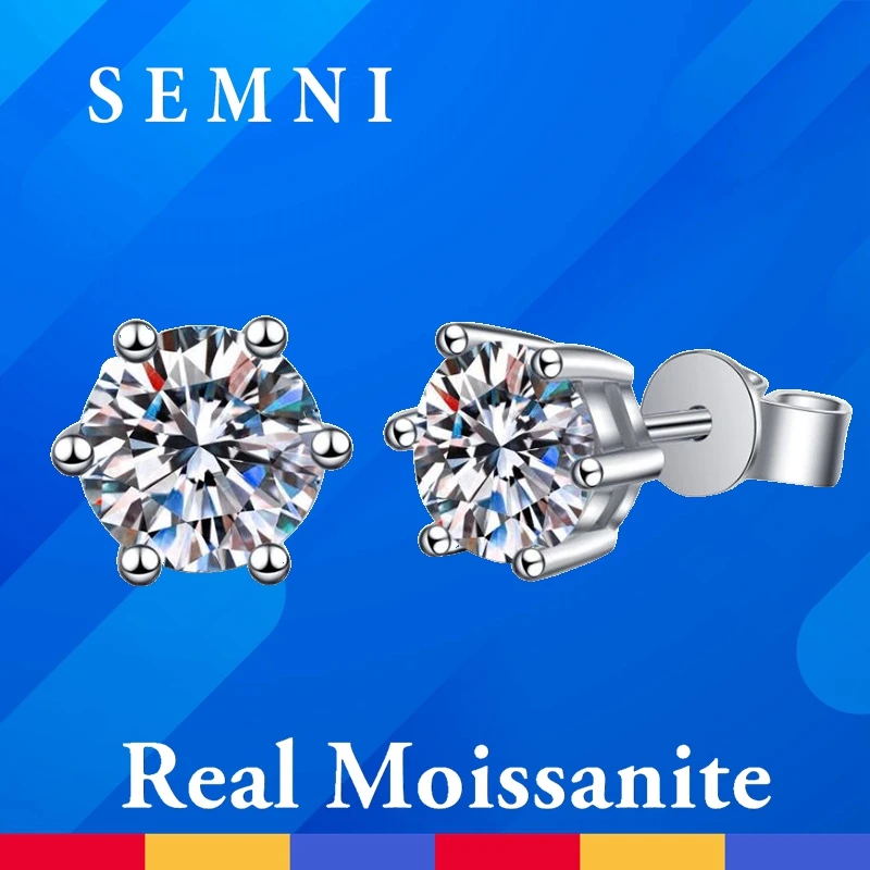 

SEMNI 0.6ct--6.0ct Moissanite Diamond Six Claws Stud Earrings for Women 925 Sterling Silver Wedding Birthday Gift Freeshipping