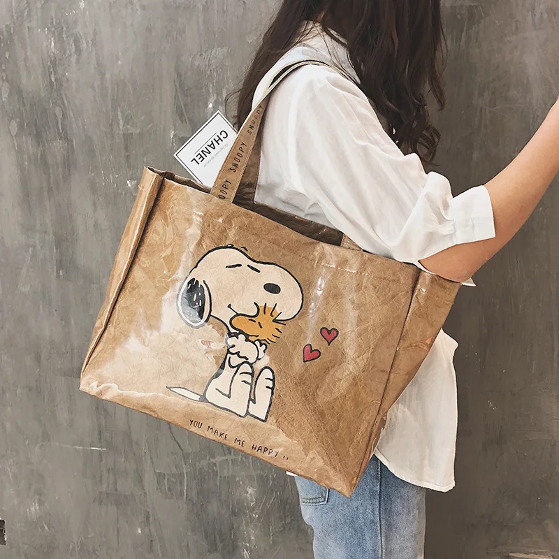 

Cute Cartoon Snoopy Handbag All-Matching Ins Transparent Kraft Paper Shoulder Bag Large Capacity Shopping Women's Fashion Kava