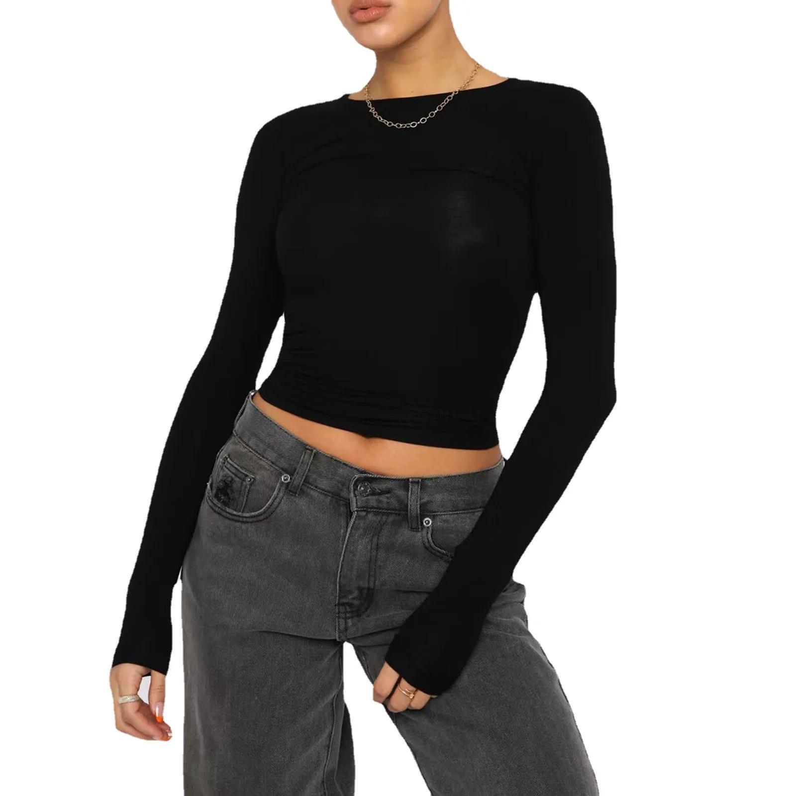 

ZOCI Women Long Sleeve T-Shirts Streetwear Casual Slim Fit Solid Spring Autumn Base Tees Female Pullovers Grey Fashion Y2K Tops