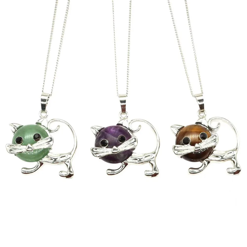 

Lucky Amulet Cat Stone Pendant Natural Amethyst Rose Quartz Healing Crystal Animal Necklace Women Jewelry Making Bead Charm Gift