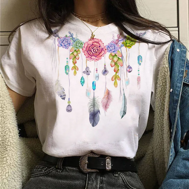 

New Women T Shirt Feather Floral Print Tees Shirt Female Short Sleeve T-shirt Summer Women T-shirt 90s Girls Cute Graphic Tshirt