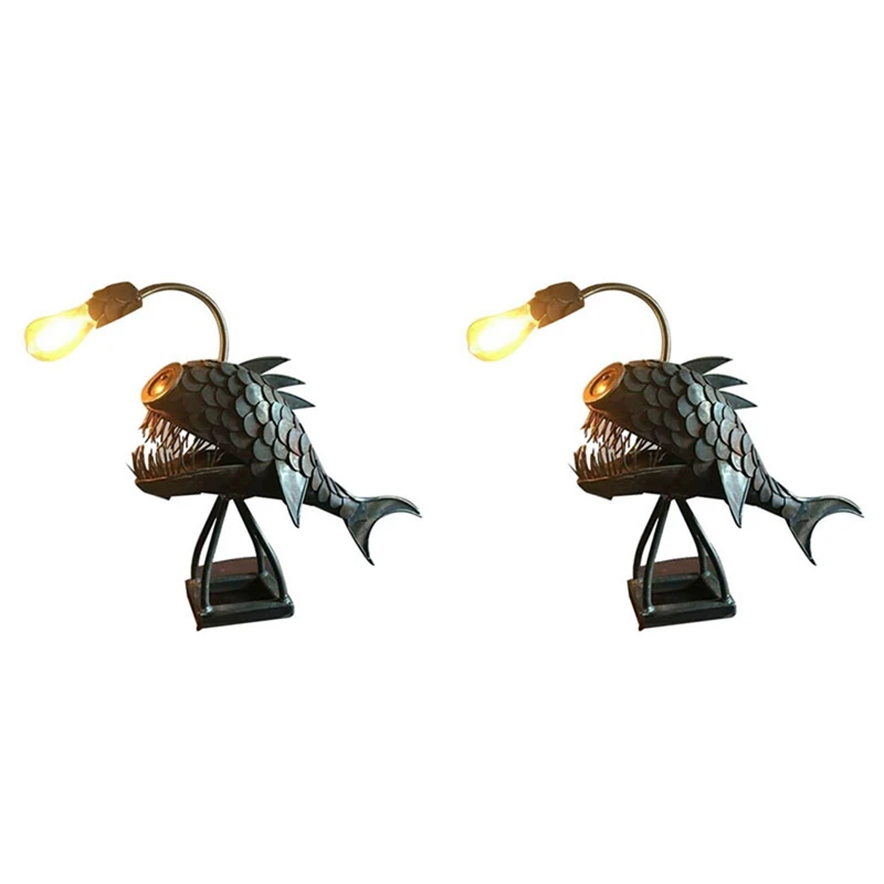 

2X Angler Fish Lamp USB Rechargeable Desktop Metal Light Handmade Craft Home Living Room Decoration Small