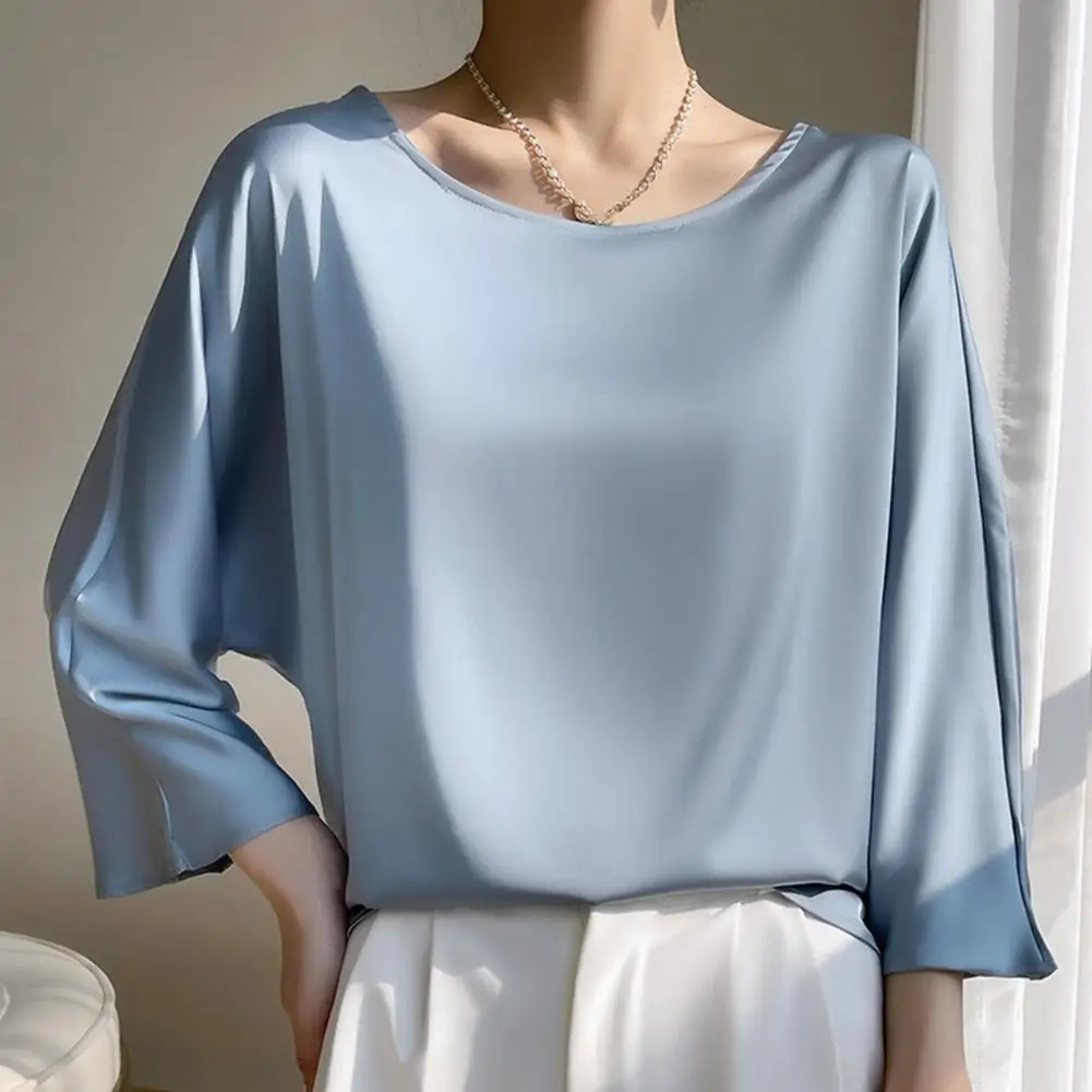 

Elegant Solid Color Women T-shirt Stylish Spring Summer Women's Flared Sleeve Blouse Loose Fit Satin T-shirt for Streetwear Chic