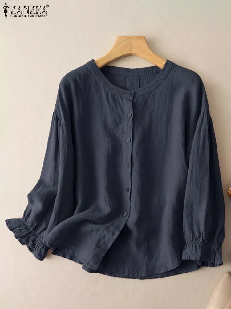 

Women Vintage Blouse Autumn O Neck Long Sleeve Shirt ZANZEA Casual Buttons Down Cotton Tops Female Solid Work Blusas Chemise