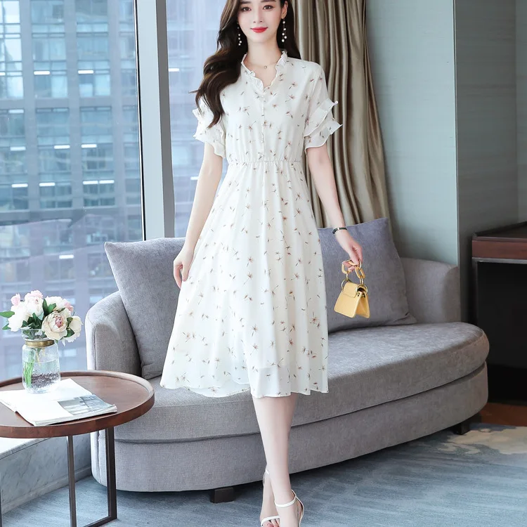 

2022 Summer Women's Fashion Dandelion Flower Print Dress Female Casual Double Layer Ruffles Short Sleeve Chiffon Slim Dresses