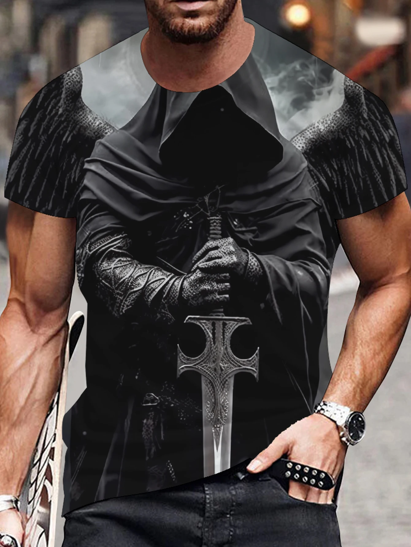 Мужская хлопковая футболка черная с забавным 3D рисунком лето 2024 |