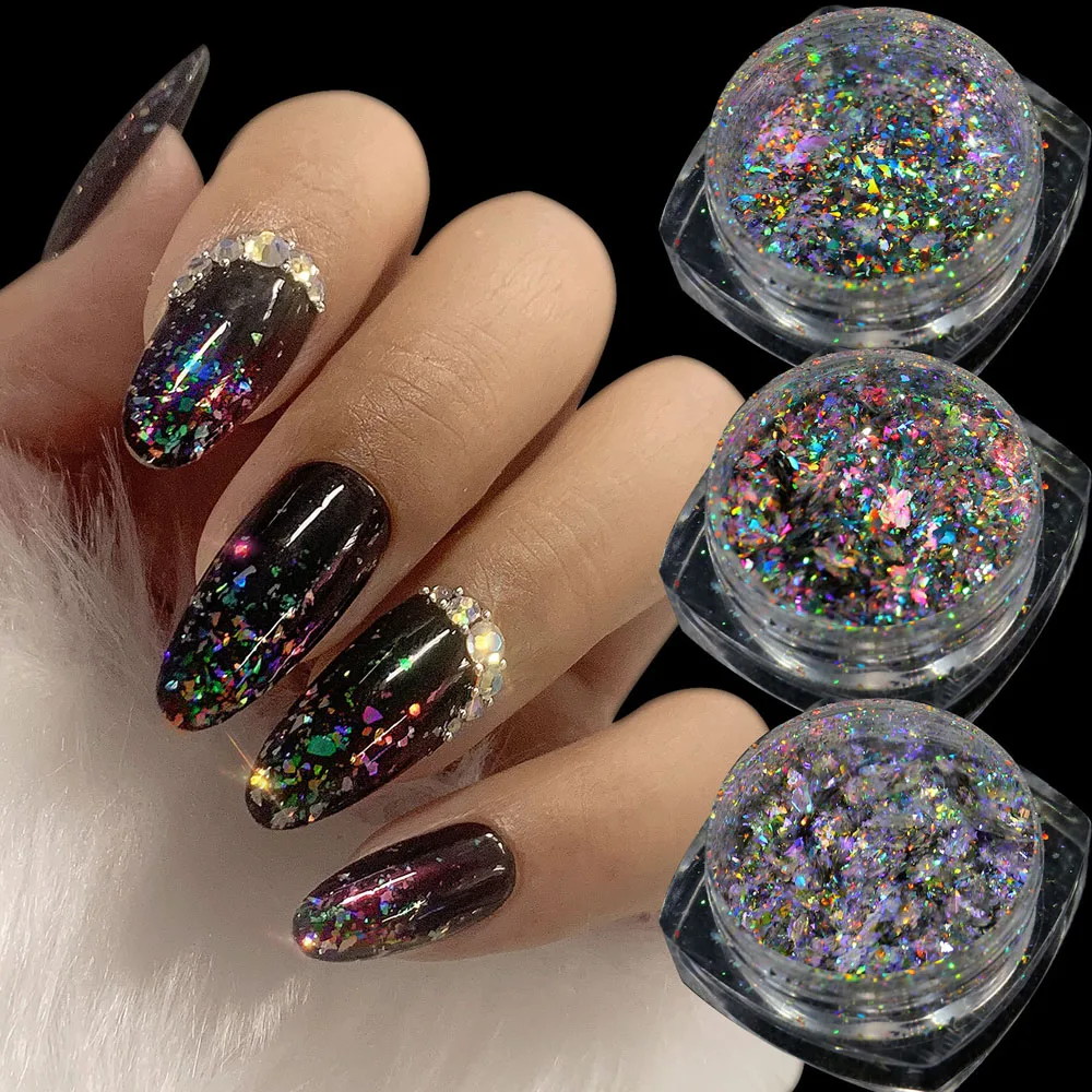 

3Colors Laser Flakes Glitter Nail Decoration Powder Aurora Shinny Chameleon Powder Phantom Thick Sequins For Glitter Nail Tips