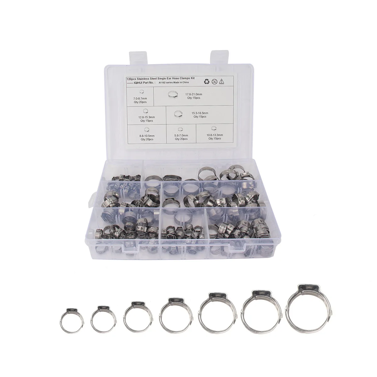 

120Pcs Hose Clamps Stainless Steel 5.8-21mm 1-Ear Stepless Clamp Worm Drive Fuel Water Hose Pipe Clamps