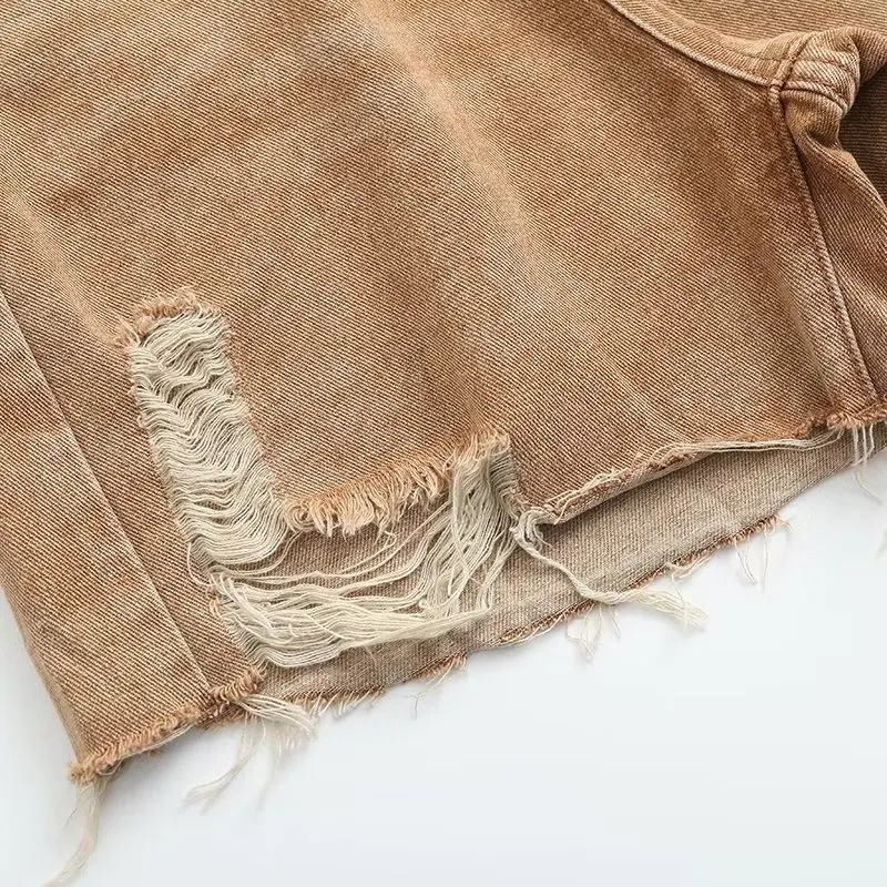 Dave&Di American Retro High Street Washed Hole Color Denim Solid  Shorts High Waist Casual Loose Bermuda Women Summer Mom Shorts