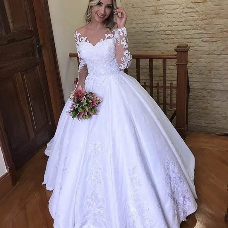 

Vestido De Noiva Scoop Neck Satin Ball Gown Wedding Dresses Long Sleeves Lace Appliques Bridal Gowns Sweep Train robe de mariee