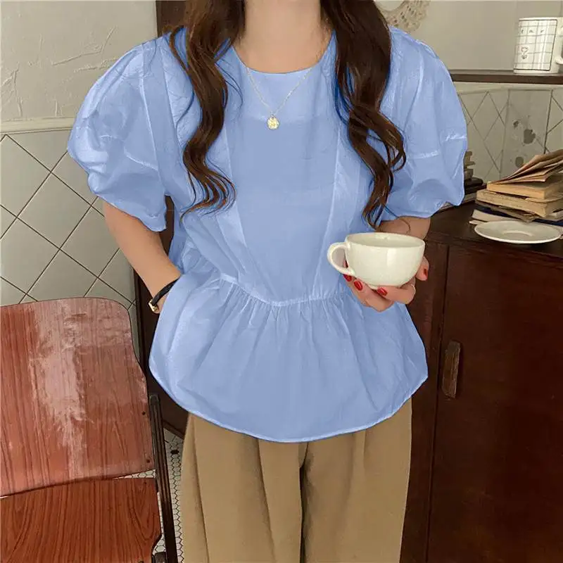 

VONDA Spring Loose Tunic Chemise Tops Oversized Casual Women Short Sleeve Blouse Stylish Femme Round Neck Solid Ruffle T-Shirts