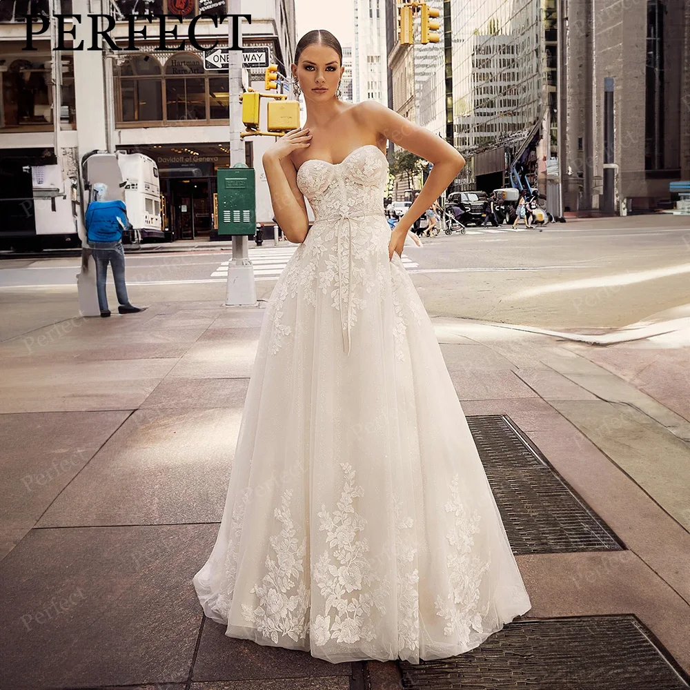 

PERFECT Elegant Sweetheart Wedding Dress Luxury Bridal Gowns Sleeveless Appliques Lace Belt Sweep Train Vestidos De Novia