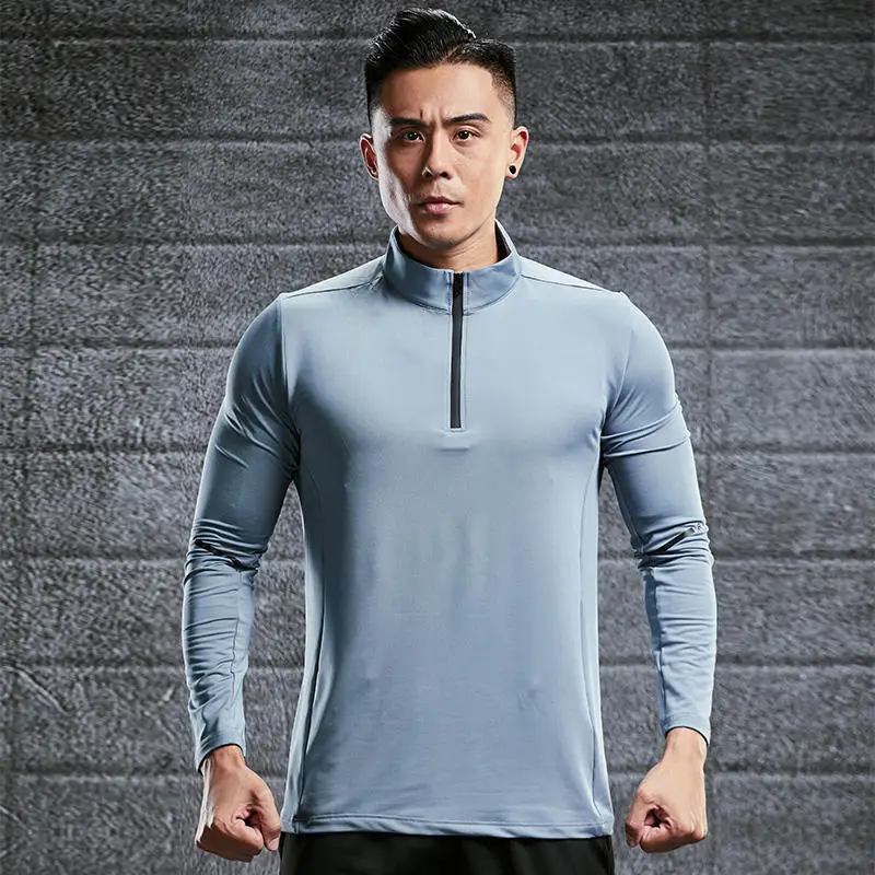 Quick Dry Men Shirts Quarter Zipper Sweatshirt Mens Sports T shirt Tight Long Sleeve Sports T-shirts Running Gym Workout Shirts