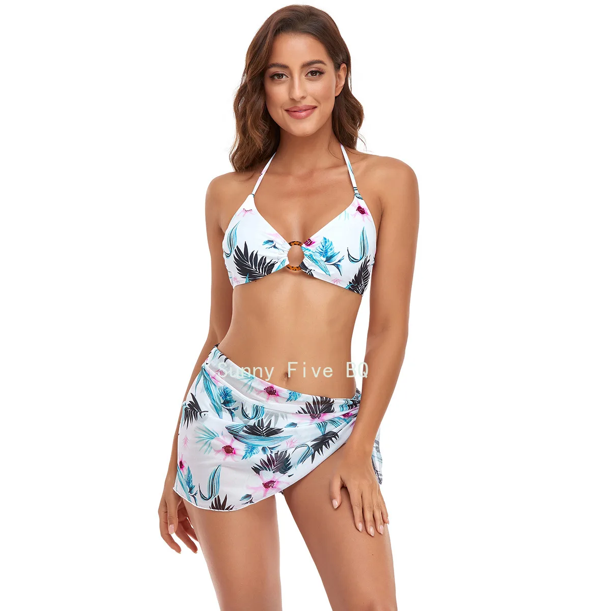 2022 New Split Sexy Bikini Three-Piece Printed Swimsuit with Shoulder Straps Pareos De Playa Mujer Cover up Beach Woman（BQ）