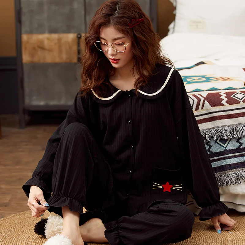 Womens Cotton Pajama Set Two-piece Home Suit Long-sleeved Long Pants Pajamas Autumn Spring Elastic Comfy Cardigan Suit Plus Size