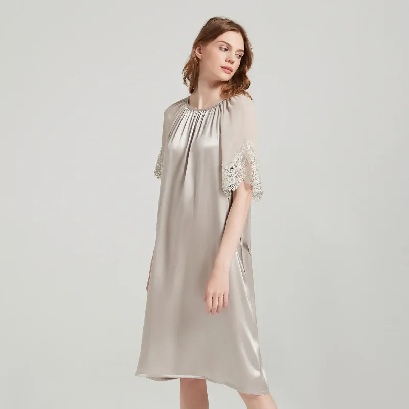 Пижамы из 100% натурального шелка шелковицы шелковая ночная рубашка с кружевными