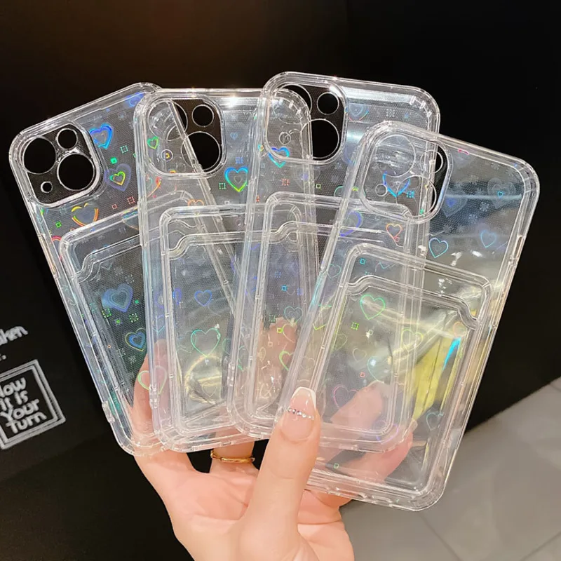 

Clear Transparent Heart Case For iPhone 13 Pro Max 11 12 Laser Wallet Card Holder Storage Cover for iphone XR 6 7 8 Plus XS X SE