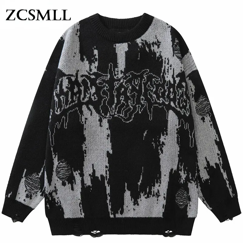 

Japanese Streetwear Men Sweater Ripped Letter Print Distressed Vintage Knitted Sweater High Street Winter Punk Gothic Pullover