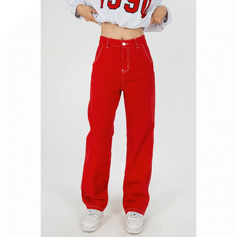 Plus Size Red High Waist Women's Jeans Wide Leg Baggy Chic Design Denim Pants Streetwear Vintage Summer Straight Jean Trouser