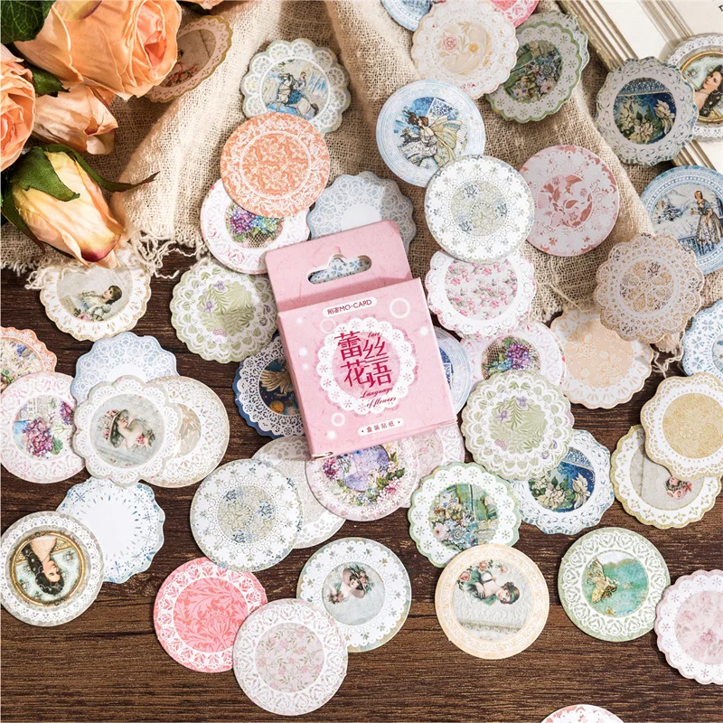 

45 Pcs Paper Sticker Set Vintage Lace Pattern Stationery Stickers Adhesive Decorative Label