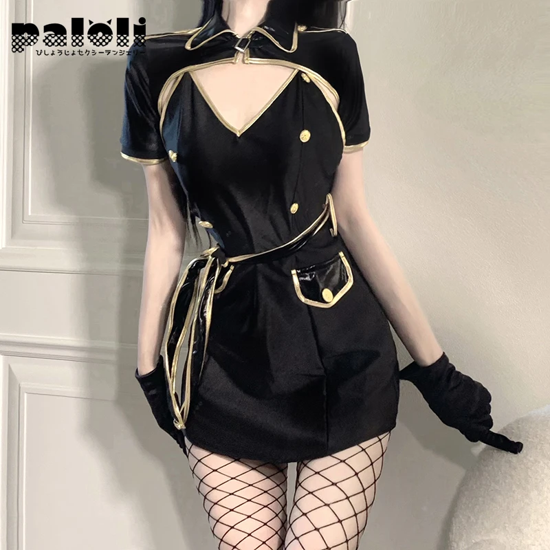 

Hollow Out Backless Women Sexy Lingerie Police Uniform V Neck Black Gold Temptation Officer Cosplay Costumes OL Bodycon Dress