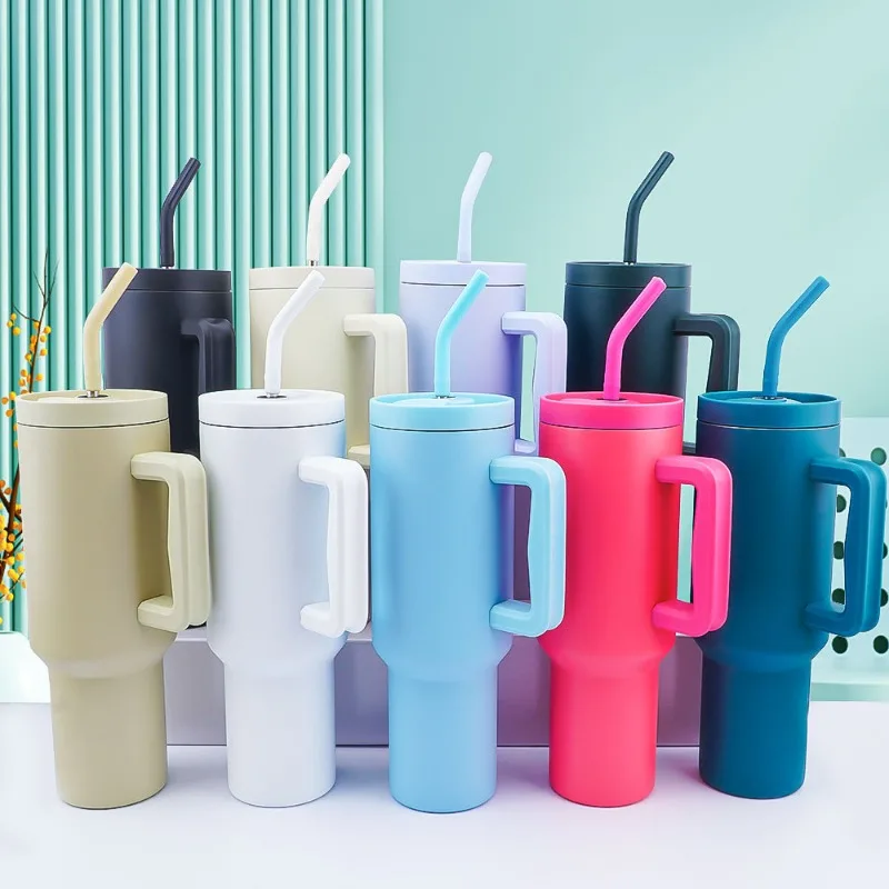 

New 40oz Handle Car Cup 304 Stainless Steel Vacuum Insulation with Handle Straw Water Cup Car Ice Cream Cup Coffee Thermos Cup