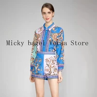 2022 new fashion suit high end vintage print color matching long sleeved womens shirt fashionable high waist womens shorts