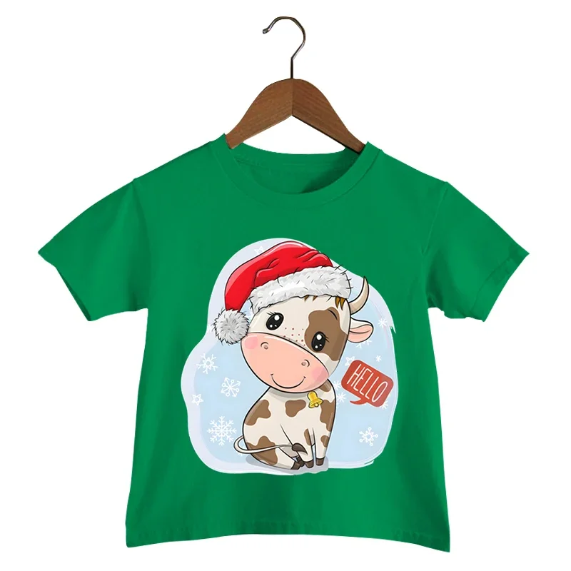 Детская рождественская футболка с принтом коровы и шляпы Санта-Клауса осенняя