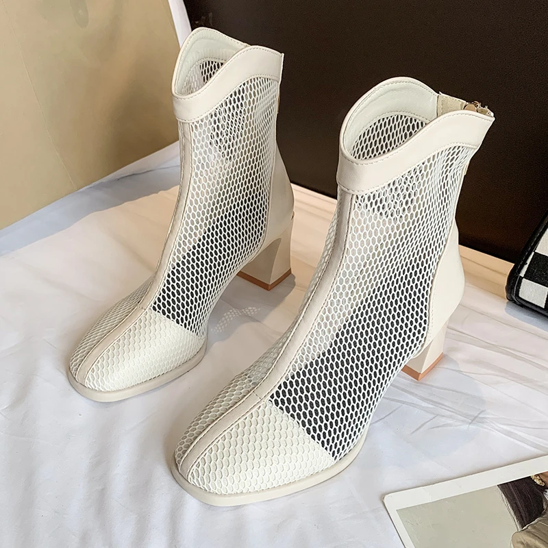 

2023 Women Ankle Boots Sexy Pointed Toe Mesh Yarn Square heel Sandals Catwalk High Heels Gladiator sandals Woman