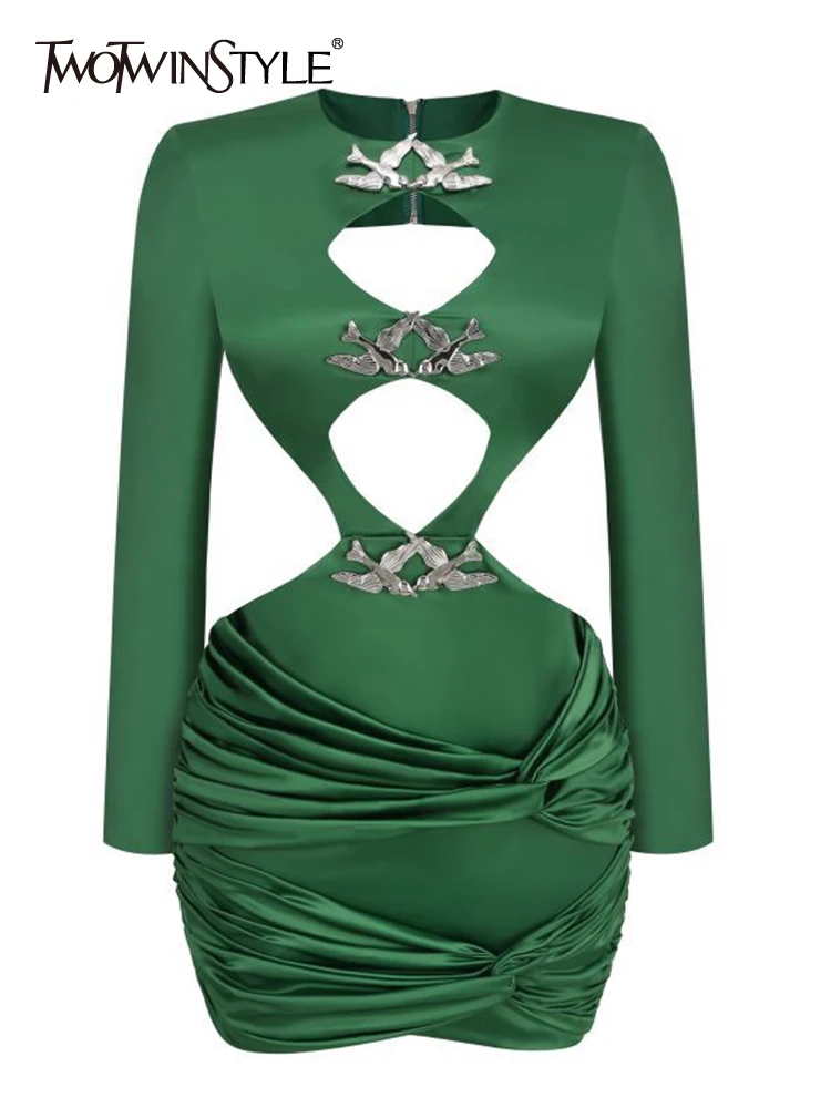 

TWOTWINSTYLE Solid Hollow Out Dresses For Women Round Neck Long Sleeve High Waist Mini Summer Dress Female Fashion Clothing New