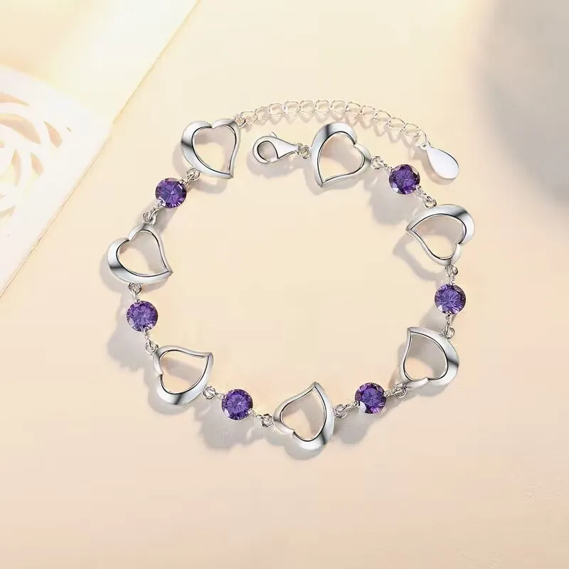

hot sale noble 925 Sterling Silver Bracelet Heart Purple Crystal Zircon wedding For Woman Party Engagement Jewelry