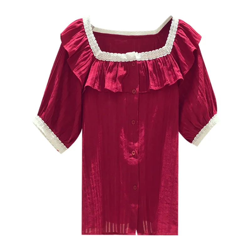 

Белый, красный, синий топ с квадратным вырезом, блузка с оборками, рубашка на пуговицах, Женская Корейская одежда, винтажные женские блузки, ...