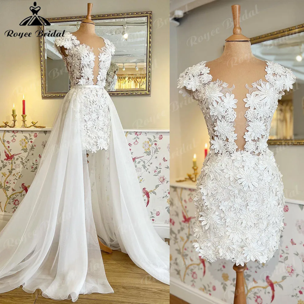 

Elegant Cap Sleeve Two Pieces Lace Floral Plunging Wedding Dress with Detachable Skirt 2023 Bridal reception Gown robe de soirée