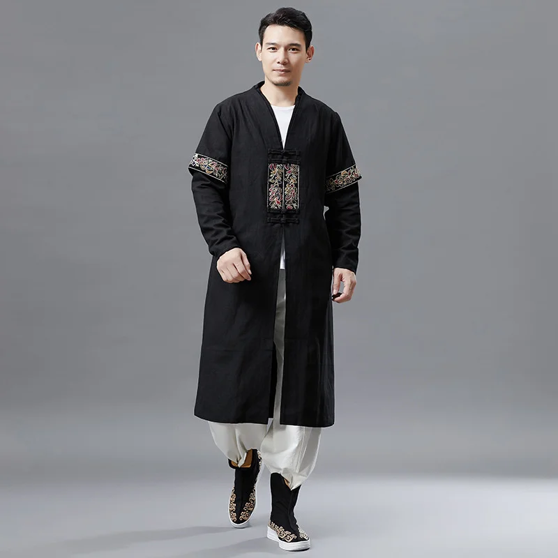 Men Autumn Trench Coat Cotton Linen Longline Long Sleeve Jacket Chinese Frog Buttons Outfit Overcoat with Pockets