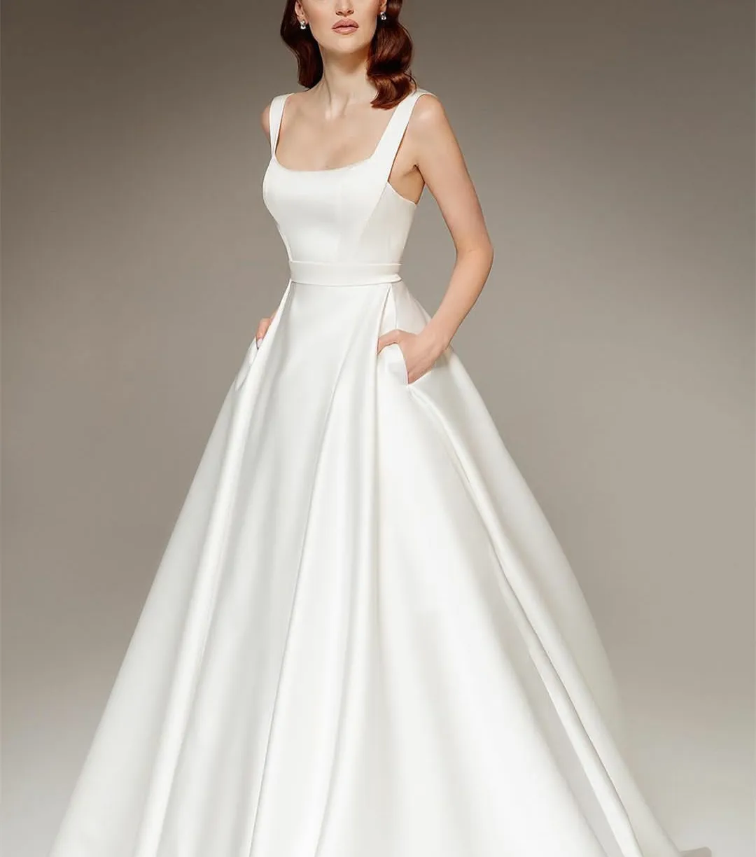 

Vintage Long Satin Wedding Dress With Pockets فساتين السهرة A-Line Sweep Train Corset Back Bridal Gowns Robe de soirée for Women