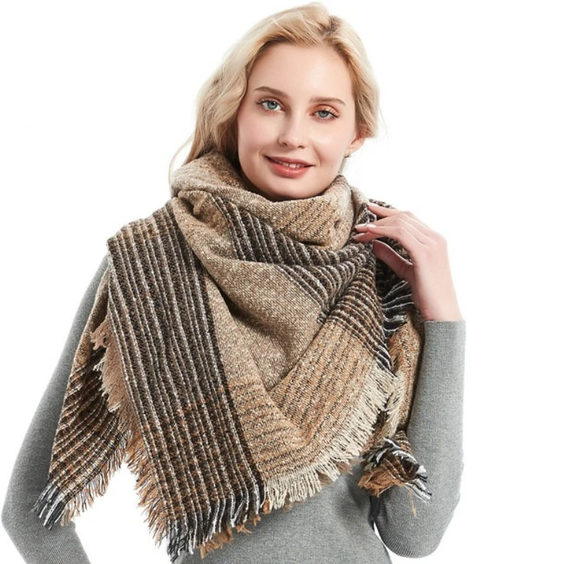 

Leisure Women Stripe Stitching Color Scarf Female Square Scarf Burrs Cashmere Shawl Pashmina Foulard Thick Blanket Scarves Cloak