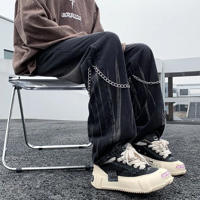 

Privathinker Gothic Men's Fashion Brand Jeans Chain Hip Hop Streetwear Straight-leg Denim Pants Washed Vintage Male Trousers